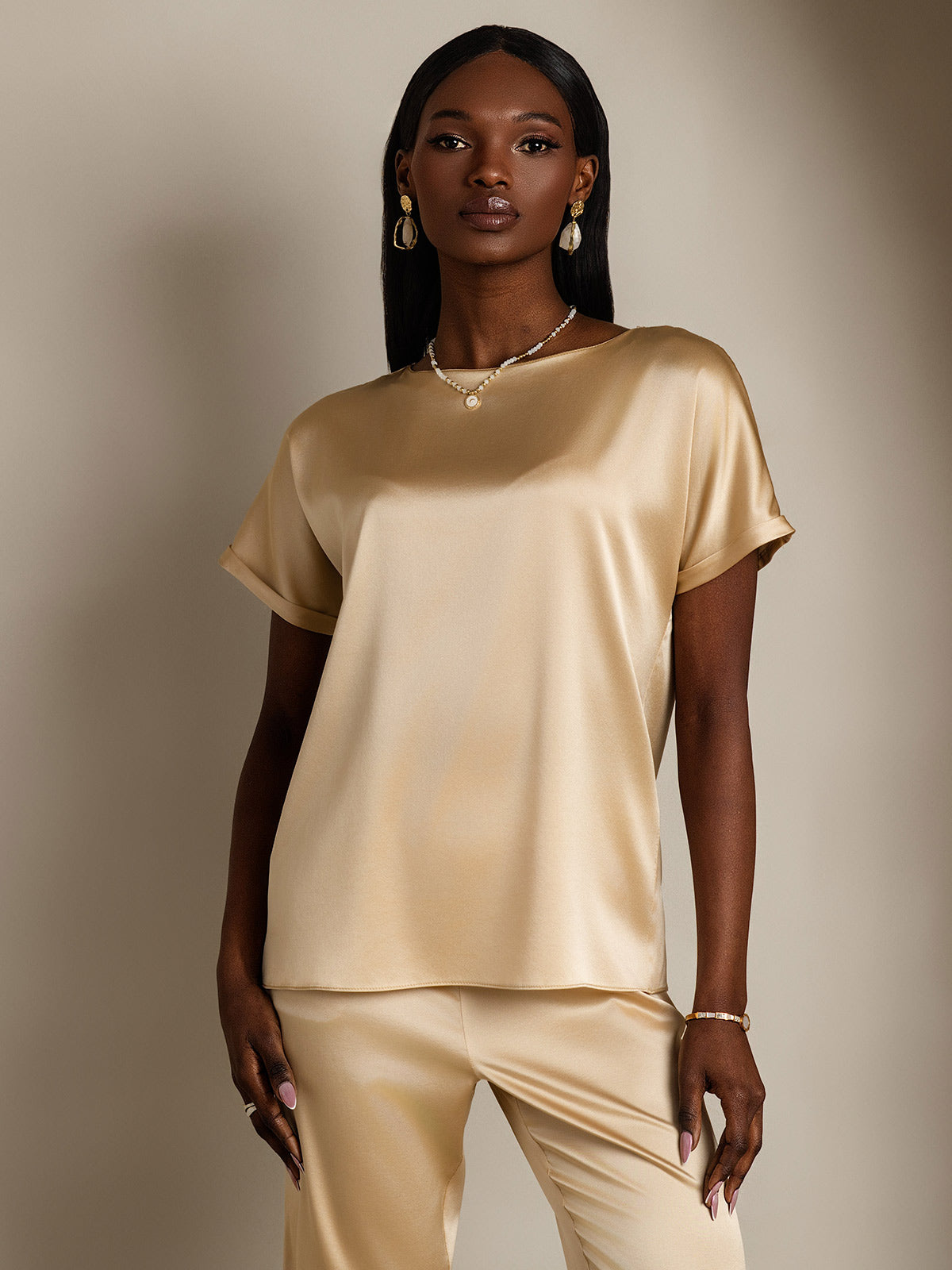 [Champagne] SilkSilky  19Momme Silk Round Neck Women's T-Shirt 001,