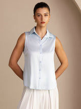[Light Blue] SilkSilky  Sleeveless Lapel Collar Women's Shirt 003