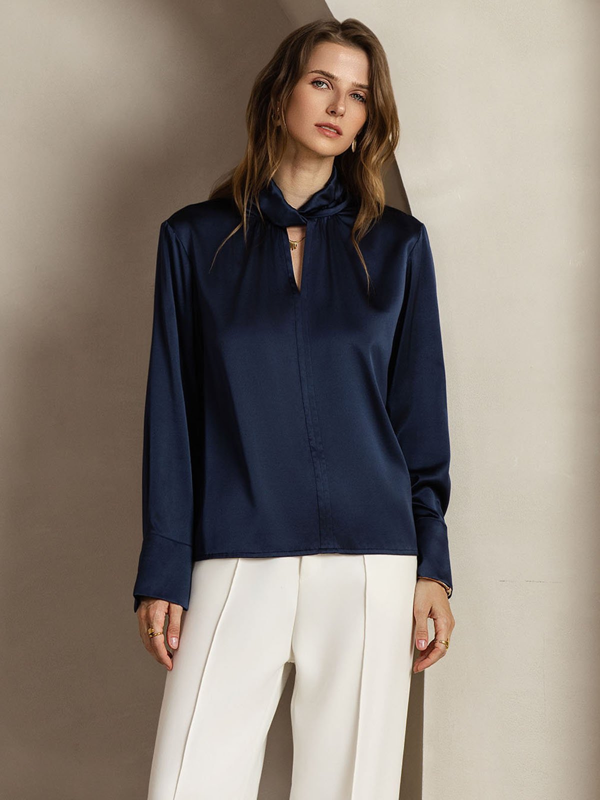 [DarkBlue] SilkSilky 19Momme Silk Keyhole Neck Women's Shirt 005