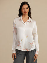 [White] SilkSilky  19Momme Long Sleeve Lapel Collar Women's Shirt 001