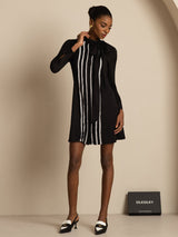 [Black] SilkSilky 19Momme Silk Long Sleeve Tie Neck Dress 001