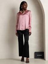 [Pink Stripe] SilkSilky  Long Sleeve Lapel Collar Women's Shirt 008
