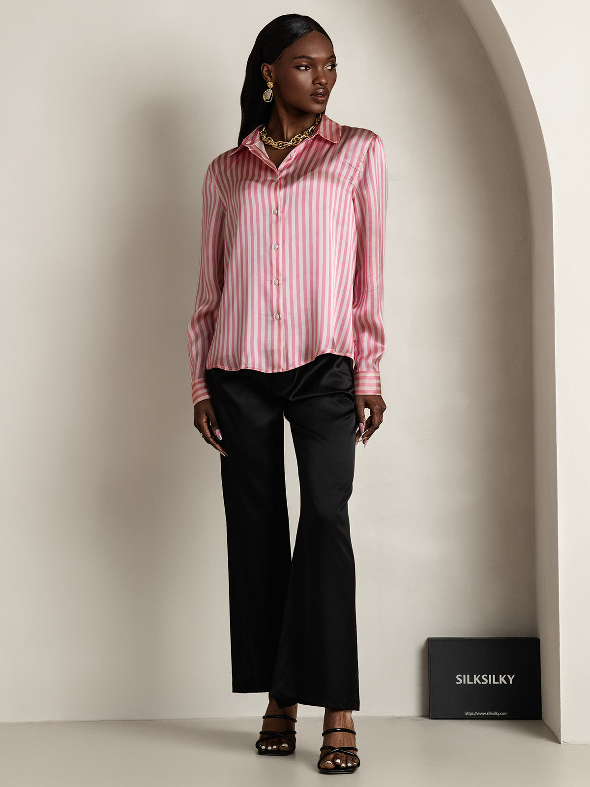 [Pink Stripe] SilkSilky  19Momme Stretch Silk Charmeuse Long Sleeve Lapel Collar Women's Shirt 008