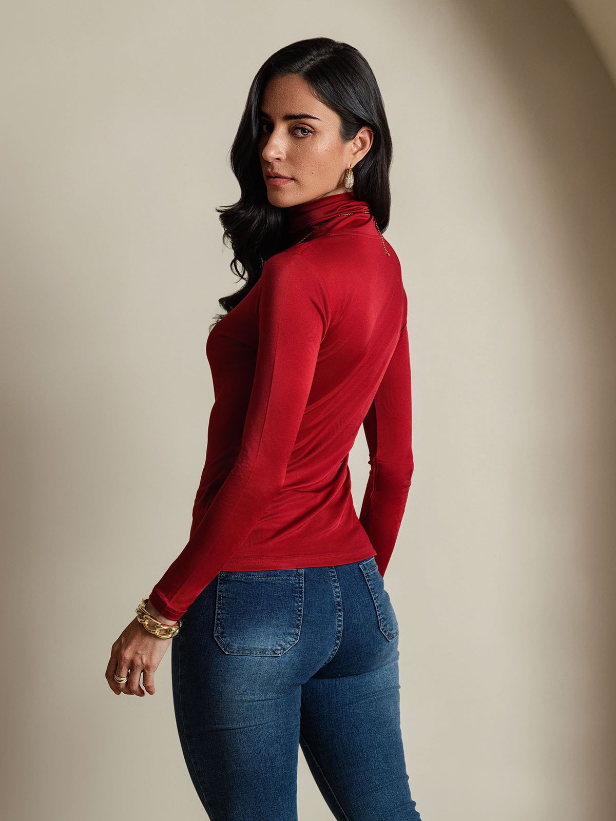 [Wine] SilkSilky  Silk Long Sleeve High Neck Women's T-Shirt 002