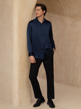[Dark Blue] SilkSilky 19Momme Stretch Silk Charmeuse Long Sleeve Lapel Collar Men's Shirt 008