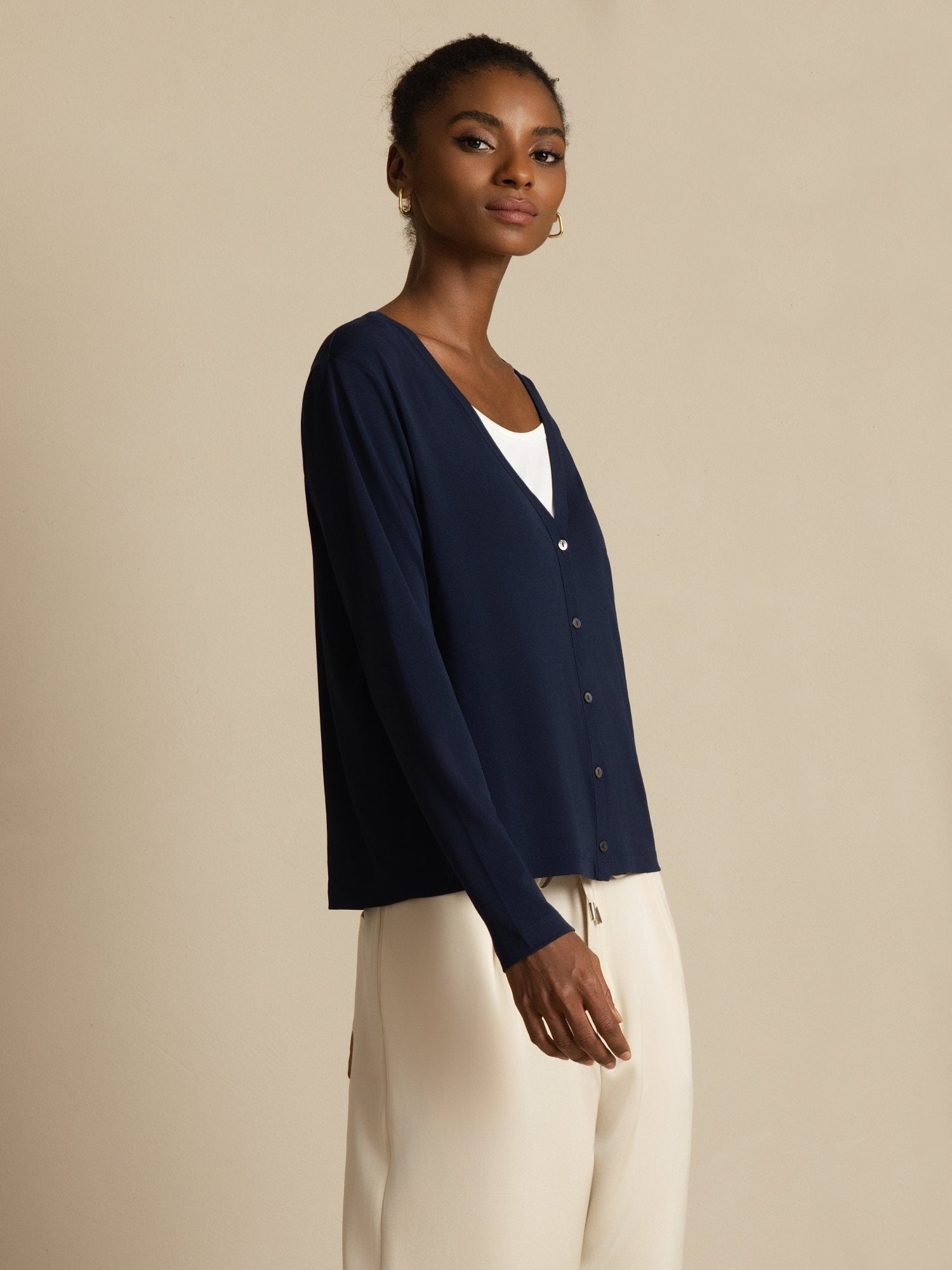 [DarkBlue] SilkSilky Silk Long Sleeve V Neck Women's Cardigan 006