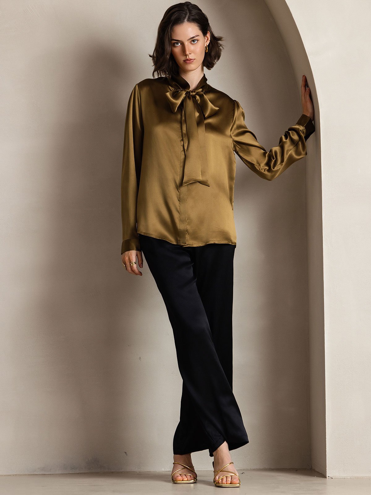 [Brown] SilkSilky 19Momme Silk Long Sleeve Tie Neck Women's Shirt 006