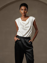 [White] SilkSilky  Cap Sleeve Cowl Neck Women's T-Shirt 003