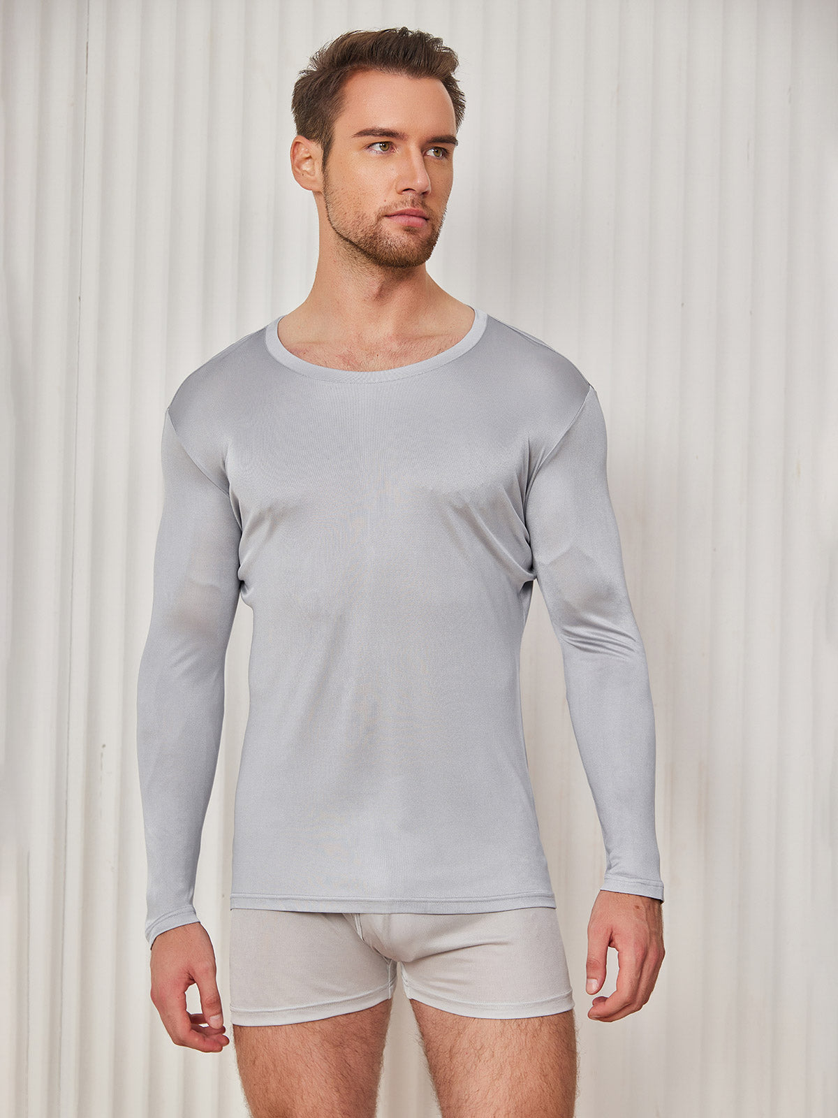 SilkSilky US Silk Knitted Long Sleeve Round Neck Men's T Shirt LightGray 004