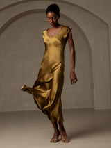 [Brown] SilkSilky  19Momme Stretch Silk Charmeuse Cap Sleeve Scoop Neck Dress 005