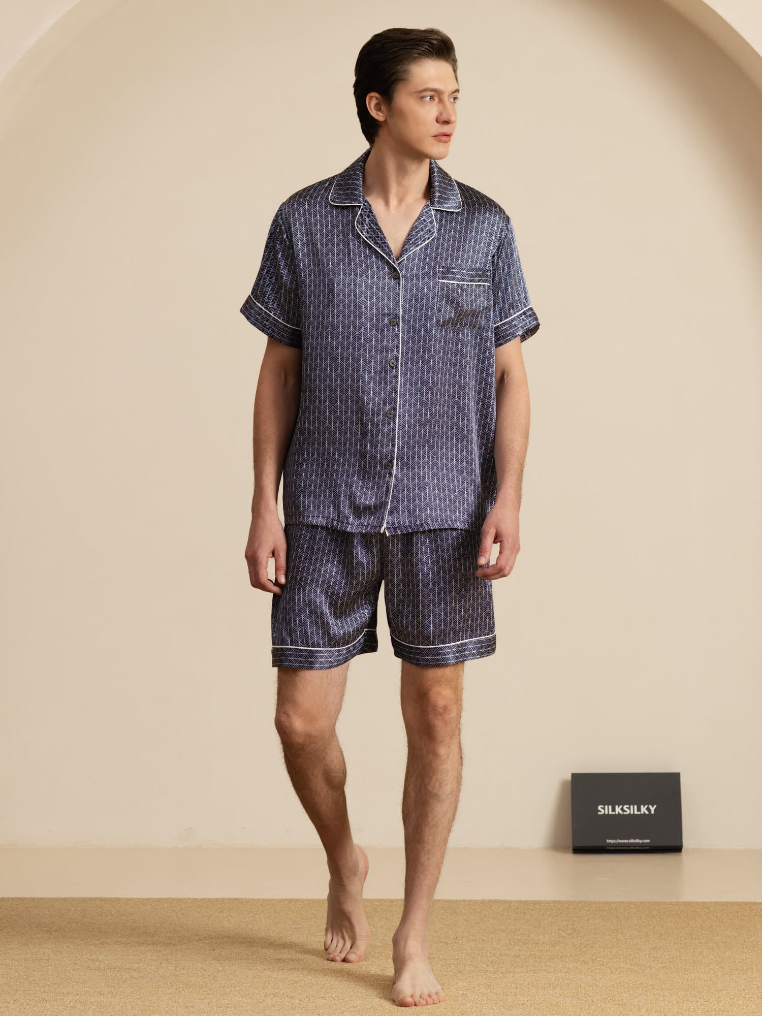 [Navy Ginkgo] SilkSilky  Short Sleeve Notch Collar Men's Pajamas 003