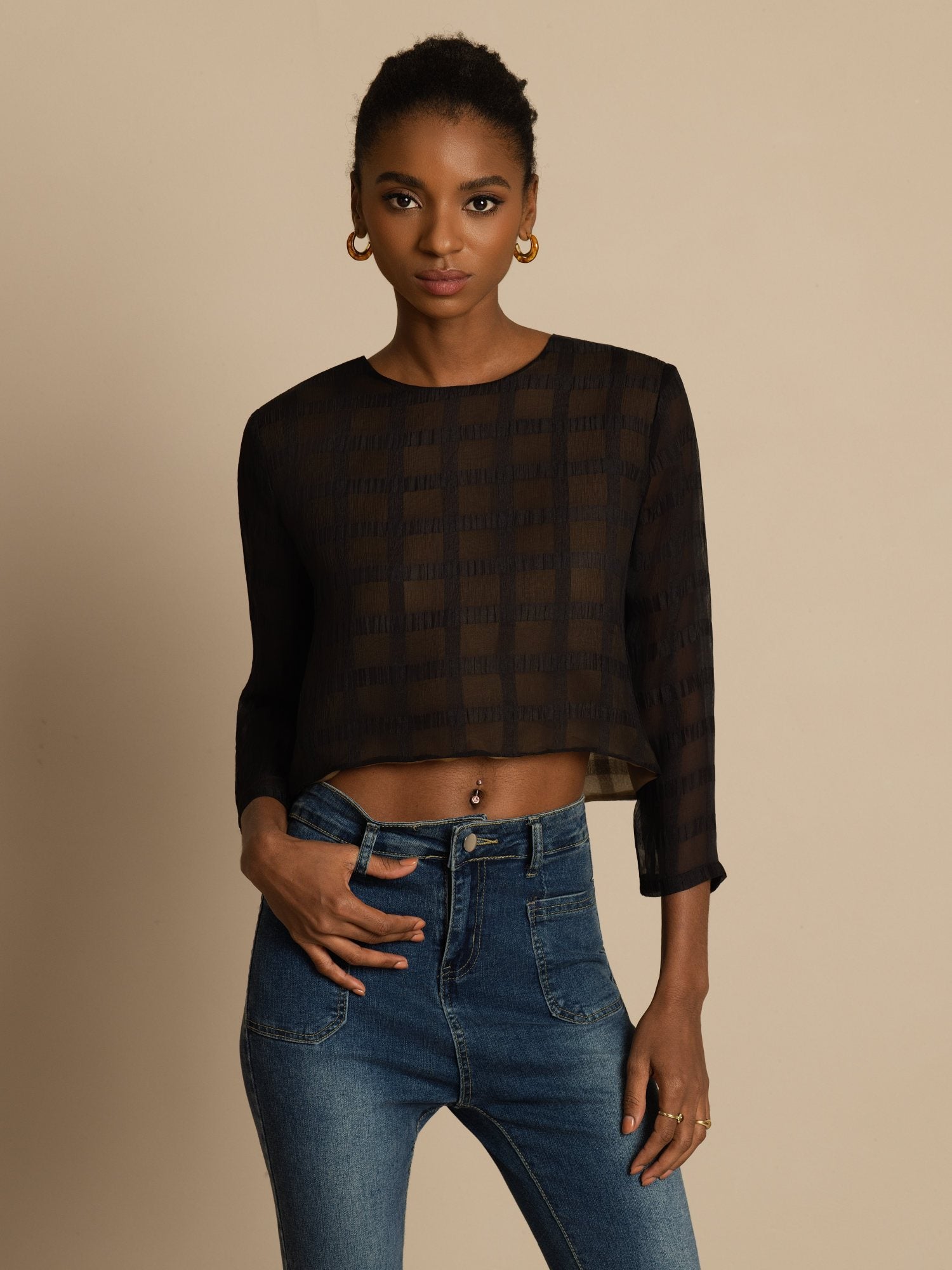 [Black] SilkSilky Pure Silk Long Sleeve Round Neck Blouse 003