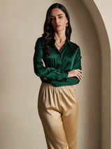 [Dark Green] SilkSilky  19Momme Stretch Silk Charmeuse Long Sleeve Lapel Collar Women's Shirt 007