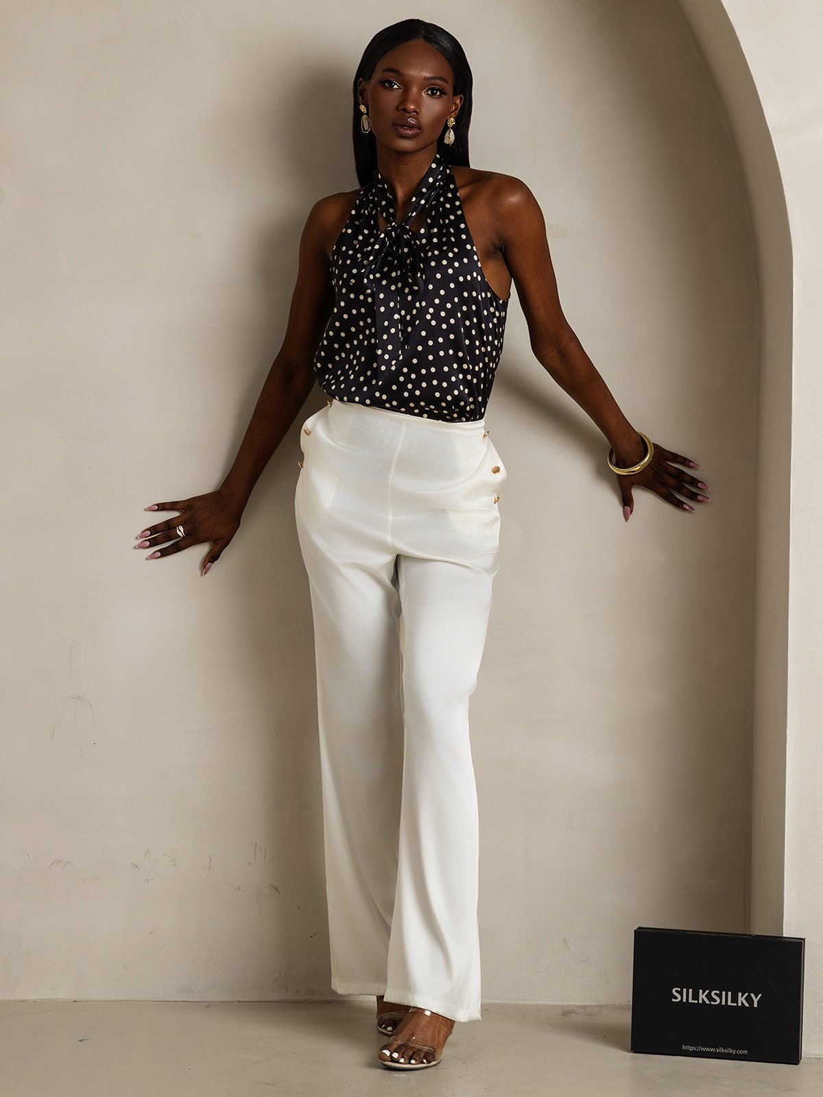 SilkSilky  19Momme Silk Sleeveless Tie Neck Women's Shirt Black+White 008