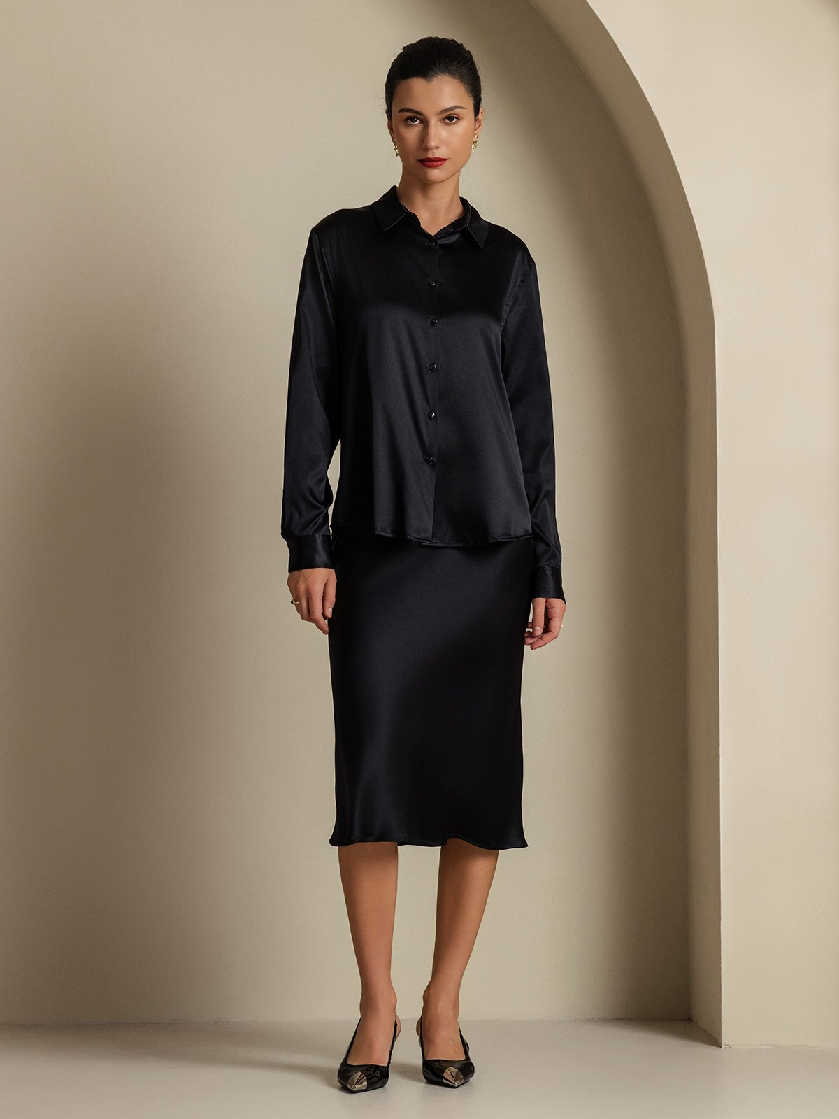 [Black] SilkSilky  19Momme Silk Lapel Collar Women''s Outfit Sets 003,