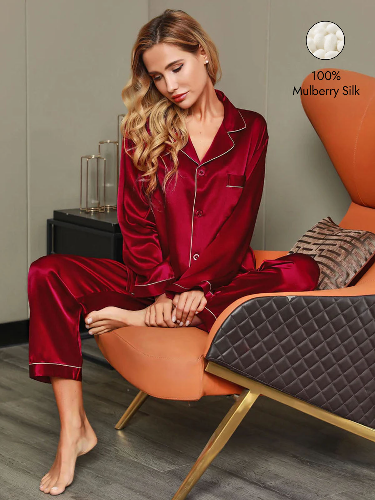 [Wine] SilkSilky  Silk Long Sleeve Notch Collar Women's Pajamas 001