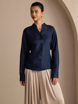 [Dark Blue] SilkSilky Long Sleeve Split Women's Blouse 004