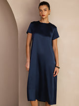 [Dark Blue] SilkSilky Short Sleeve Round Neck Dress 005