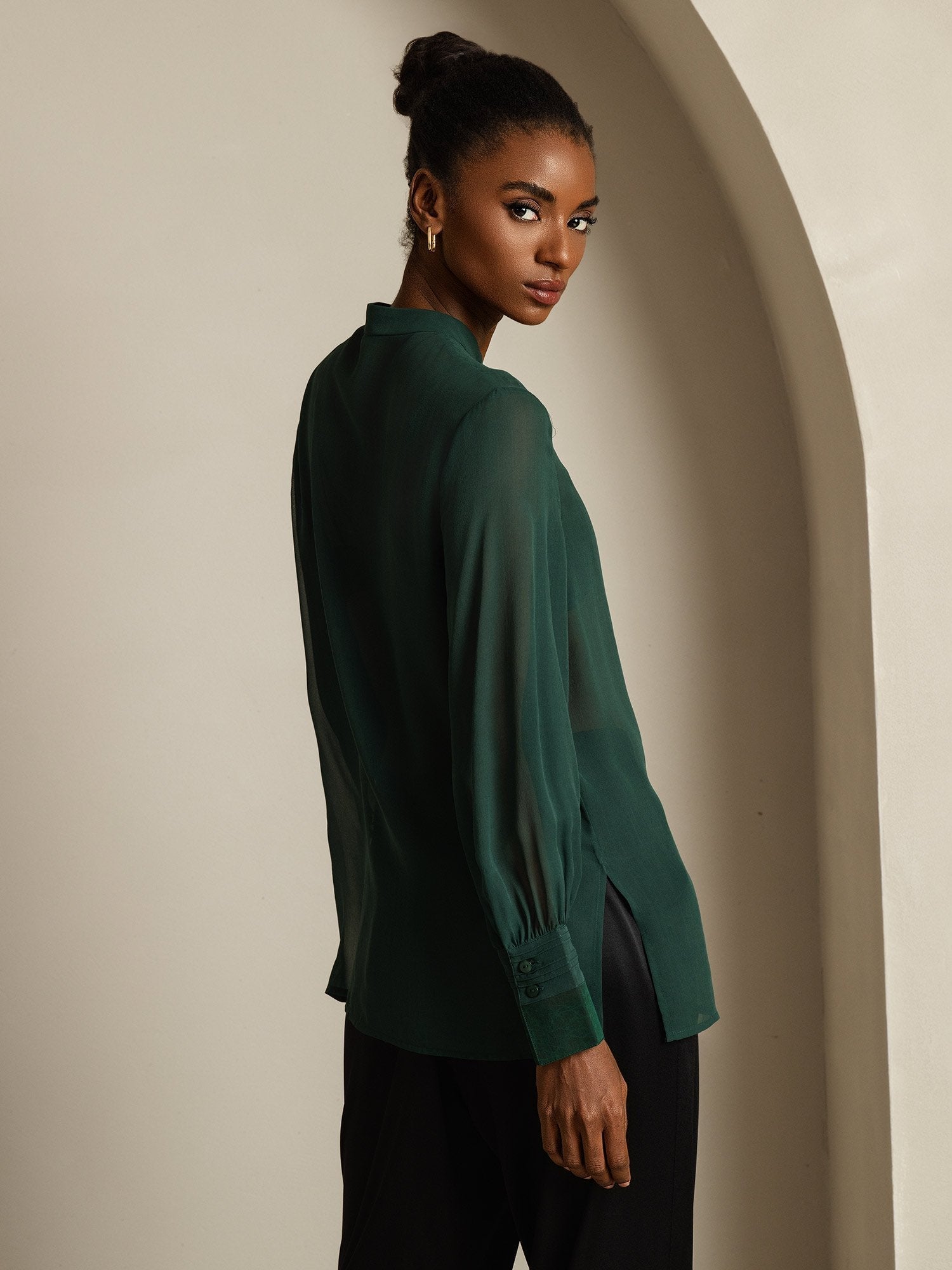 [Dark Green] SilkSilky  Pure Silk Split Women's Shirt 006