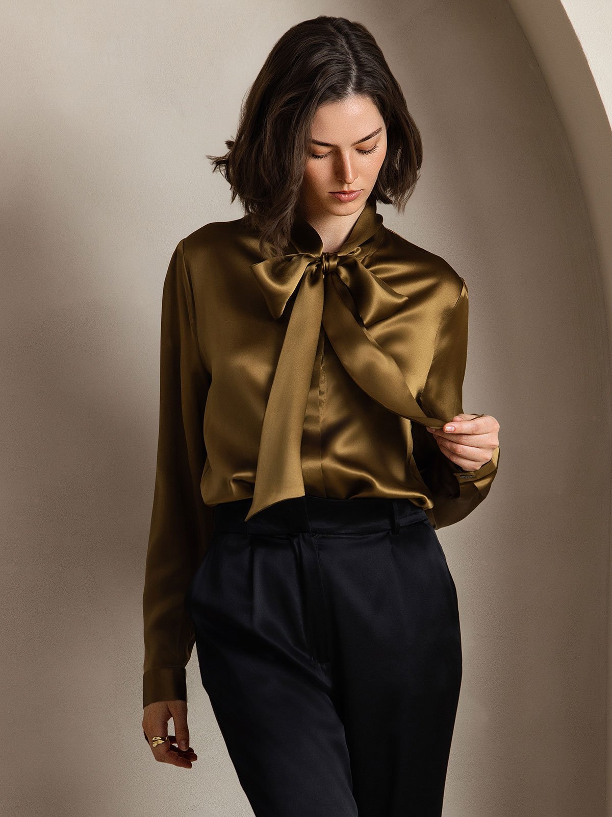 [Brown] SilkSilky 19Momme Silk Long Sleeve Tie Neck Women's Shirt 005