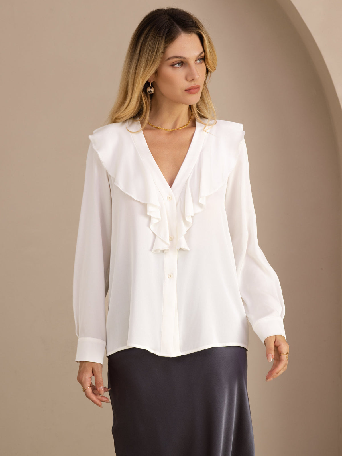 [White] SilkSilky Long Sleeve Deep V Neck Women's Blouse 001