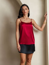 [Wine] SilkSilky  19Momme Stretch Silk Charmeuse Spaghetti Strap Scoop Neck Camisole Top 005