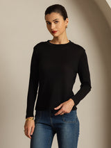 [Black] SilkSilky  100% Silk Jersey Long Sleeve Crew Neck Women's T-Shirt 001