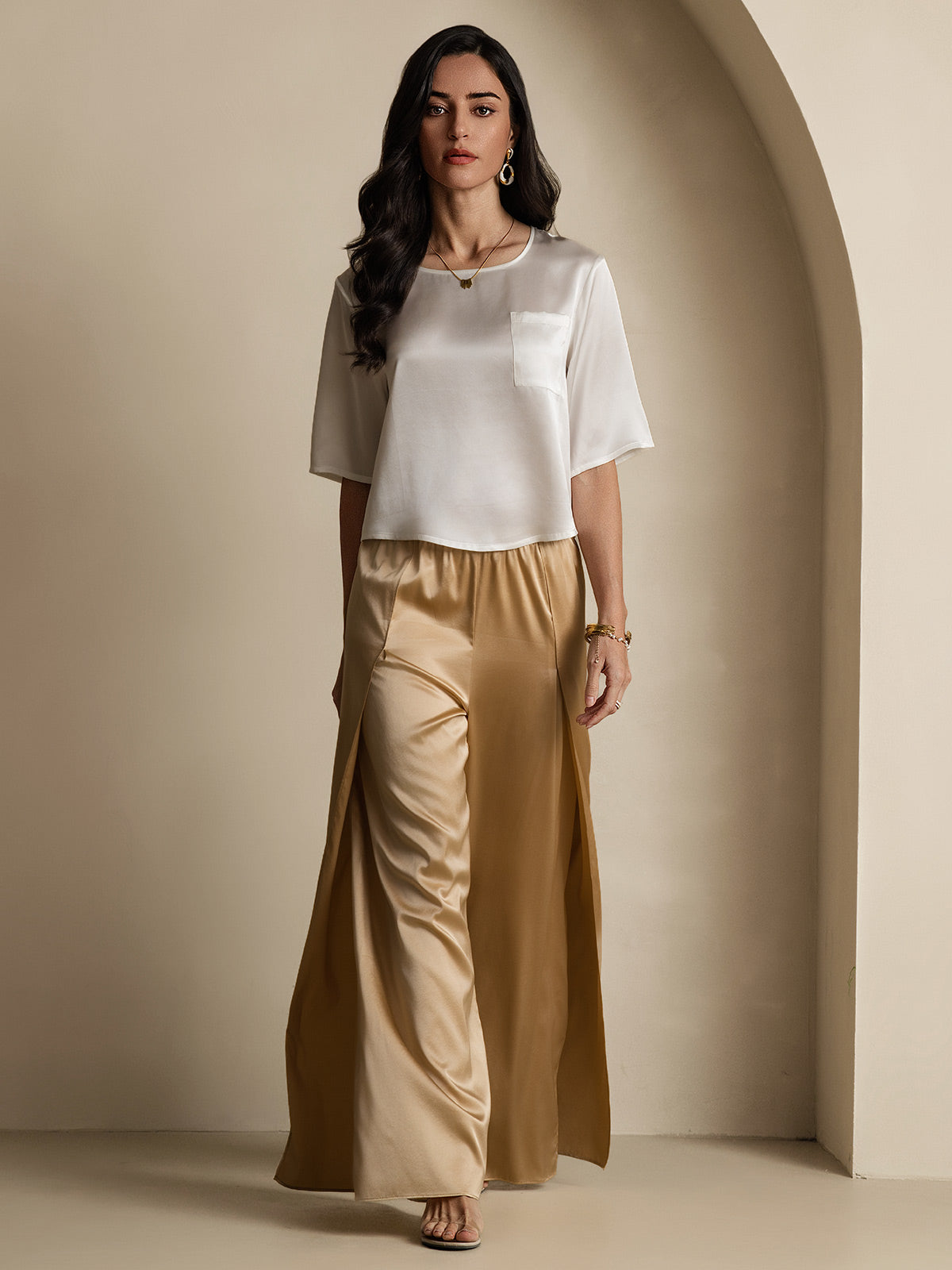 [White] SilkSilky  Pure Silk Boat Neck Women's T-Shirt 008