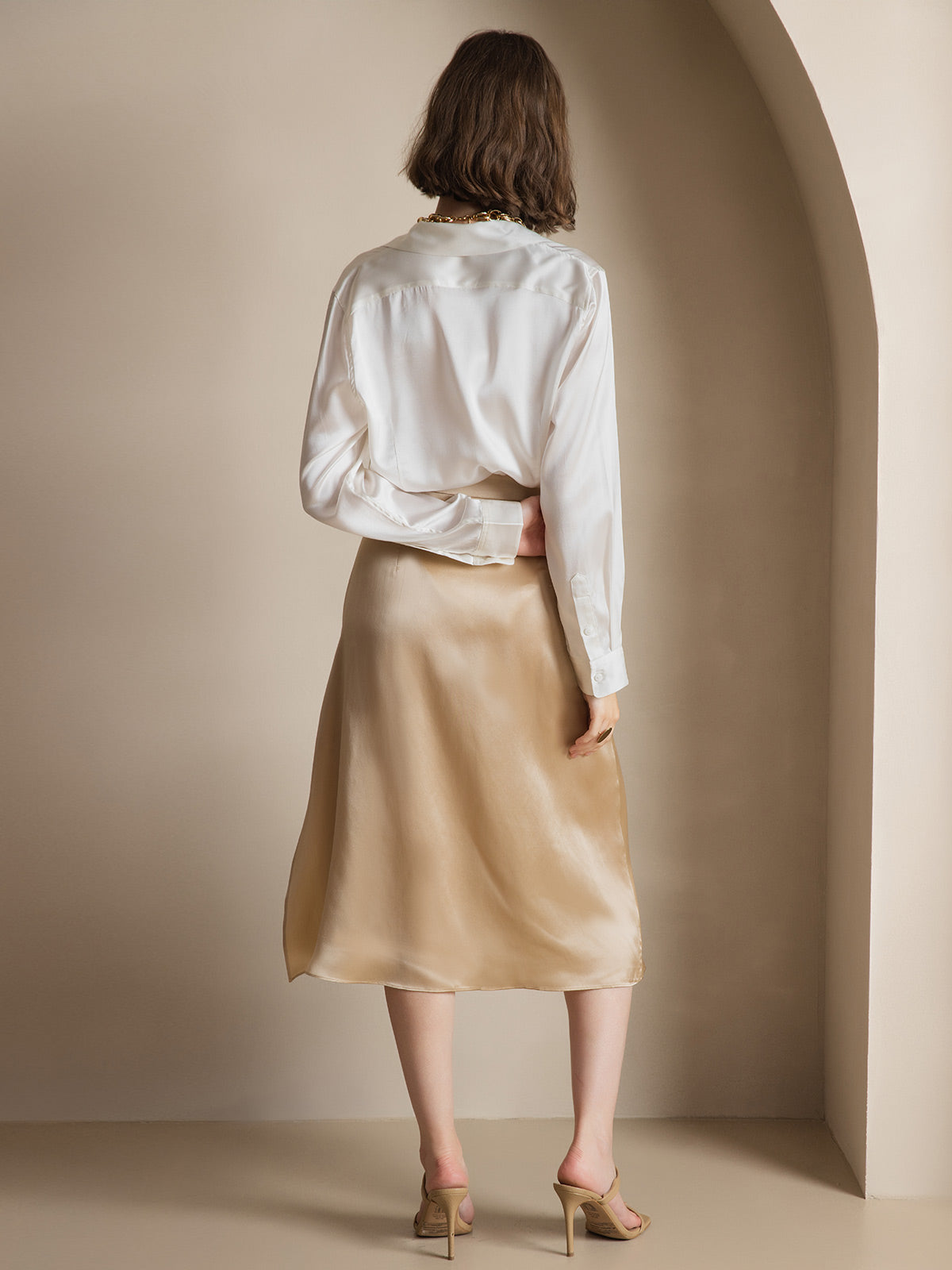 [White] SilkSilky  Silk Long Sleeve Lapel Collar Women's Shirt 002