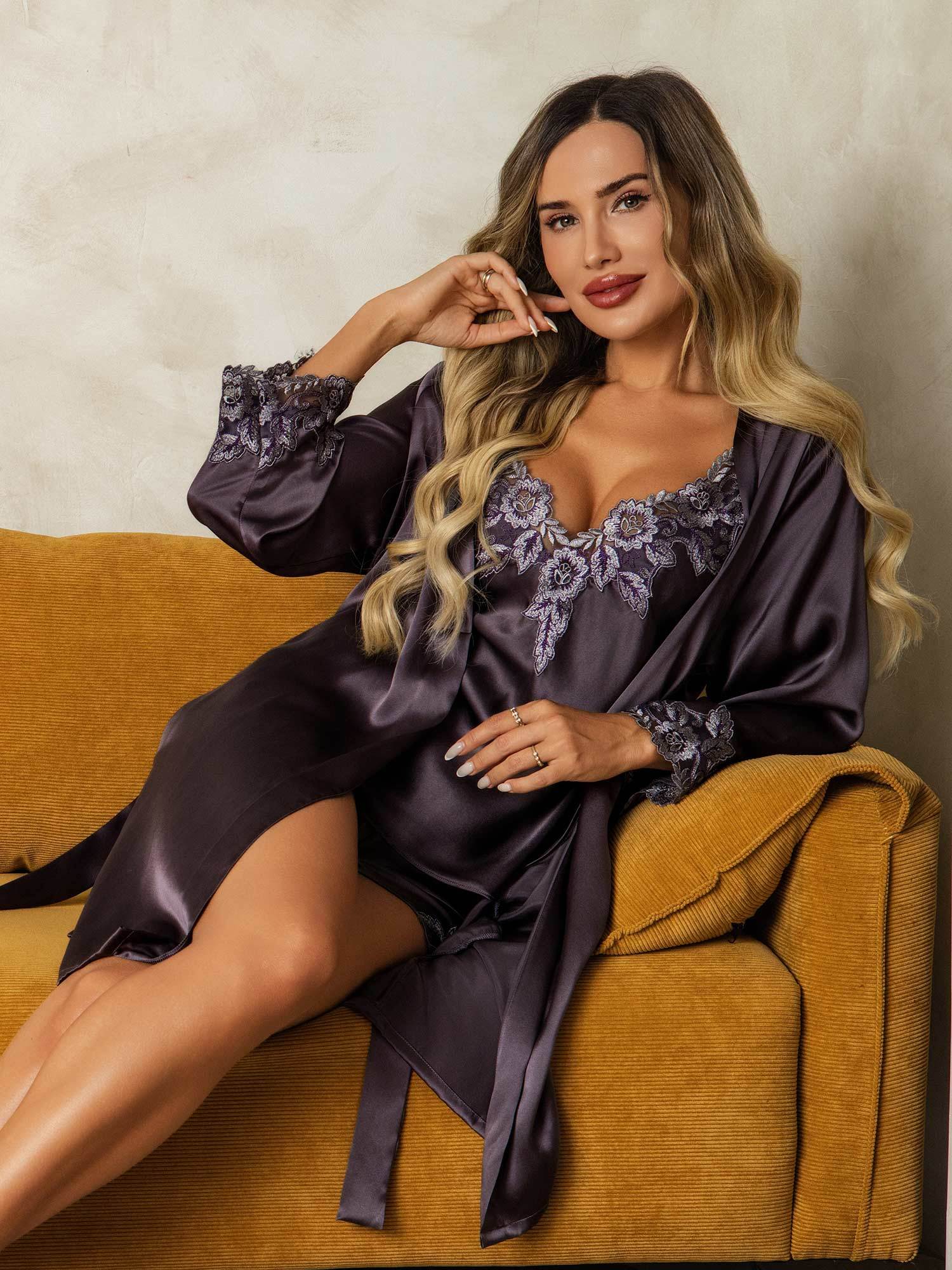 Elegant Pure Silk Lace Trimmed Robe and Camisole Set 3Pcs