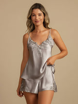 [Light Gray] SilkSilky  Spaghetti Strap V Neck Camisole Set 001