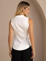 [White] SilkSilky  Sleeveless Lapel Collar Women's Shirt 002