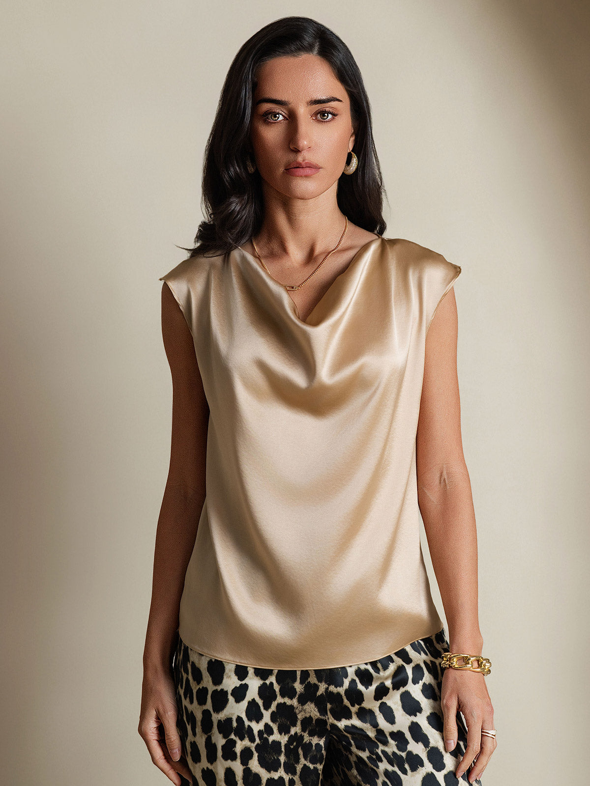 SilkSilky  19Momme Silk Sleeveless Cowl Neck Women's T-Shirt Champagne 001