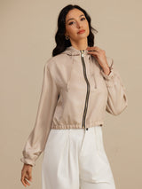 [Tan] SilkSilky 18Momme Silk Satin Surah Long Sleeve High Neck Women's Outerwear 003