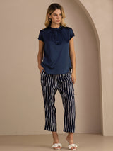 [Dark Blue] SilkSilky Short Sleeve Split Women's Blouse 006
