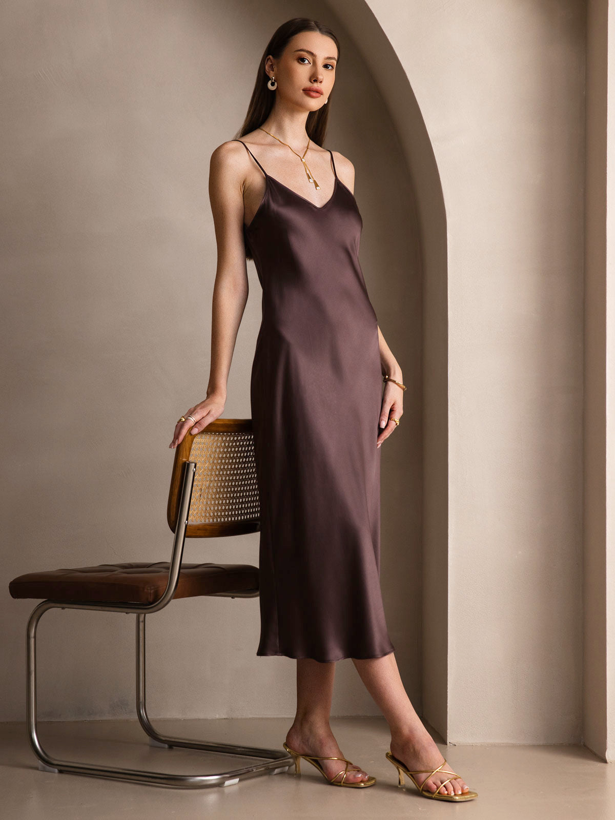 SilkSilky  Pure Silk Sleeveless Round Neck Dress Coffee 007