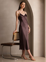 [Coffee] SilkSilky  Spaghetti Strap V Neck Dress 007