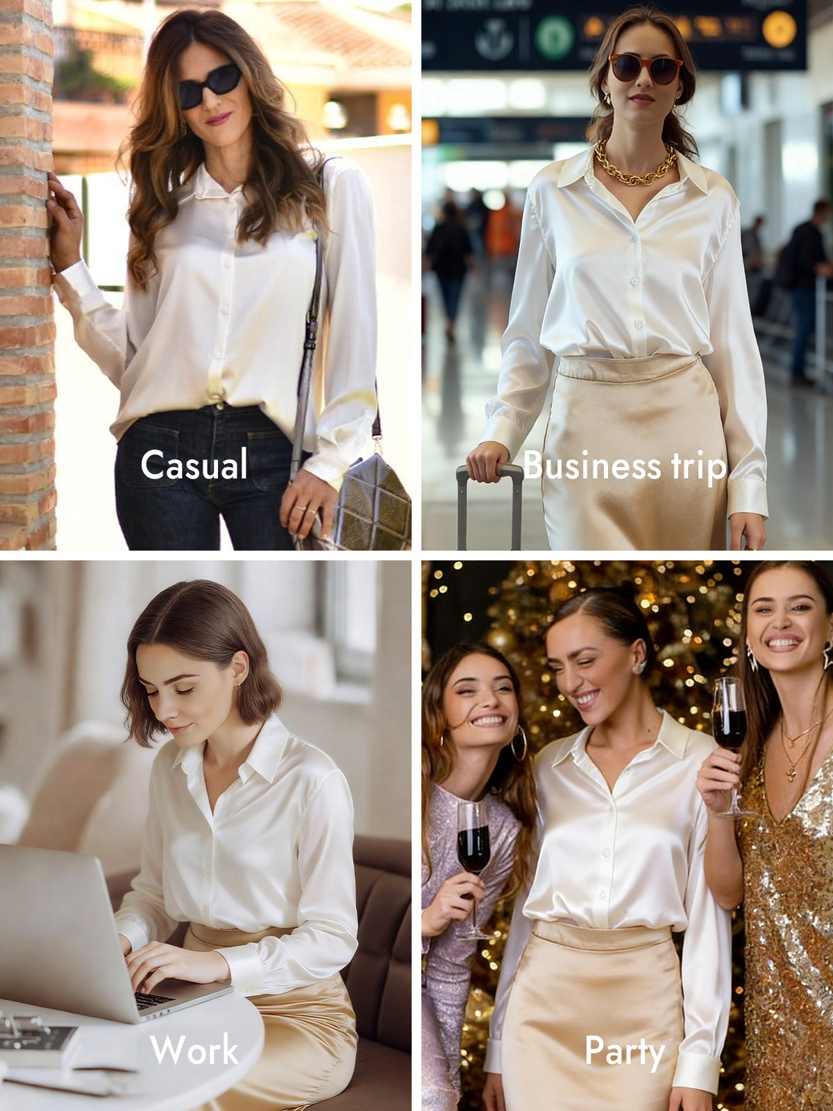 [White] SilkSilky  Silk Long Sleeve Lapel Collar Women's Shirt 010