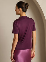 [Purple] SilkSilky  100% Silk Jersey Short Sleeve Mock Neck Women's T-Shirt 002