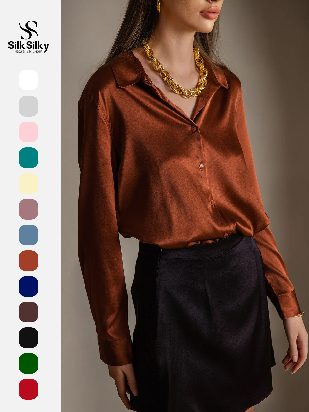 [Caramel] SilkSilky  Silk Long Sleeve Lapel Collar Women's Shirt 001
