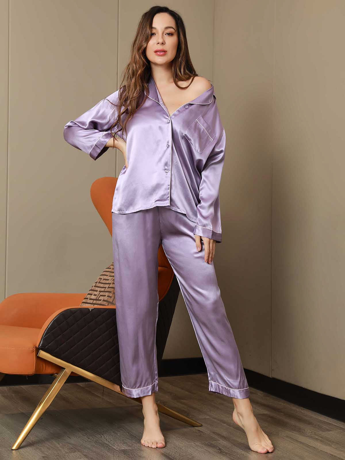 SilkSilky US Pure Silk Long Sleeve Lapel Women's Pajamas Lavender 005