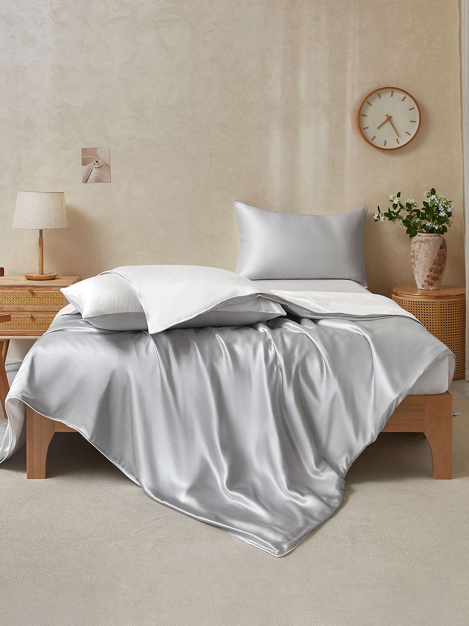 [LightGray+White] SilkSilky  22Momme Pure Silk Bedding Set 002,