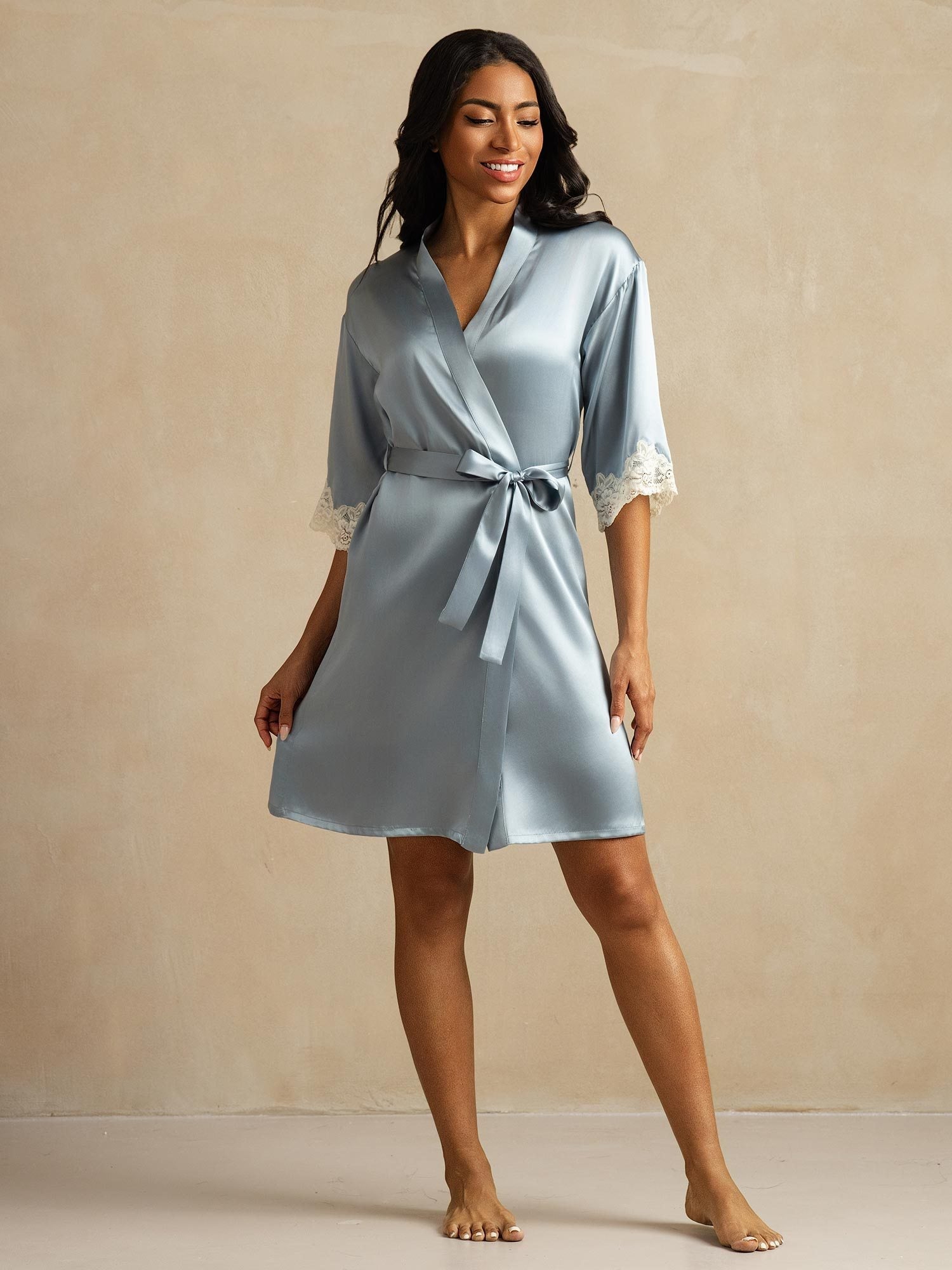 [Grayish Blue] SilkSilky  Pure Silk Womens Robe 006