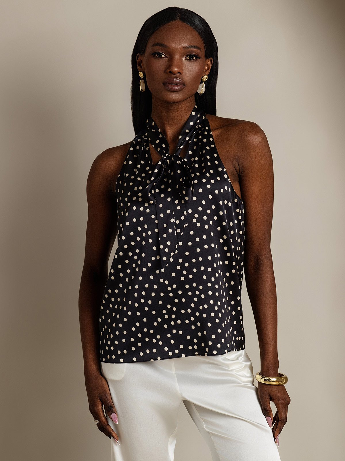 SilkSilky  19Momme Silk Sleeveless Tie Neck Women's Shirt Black+White 006