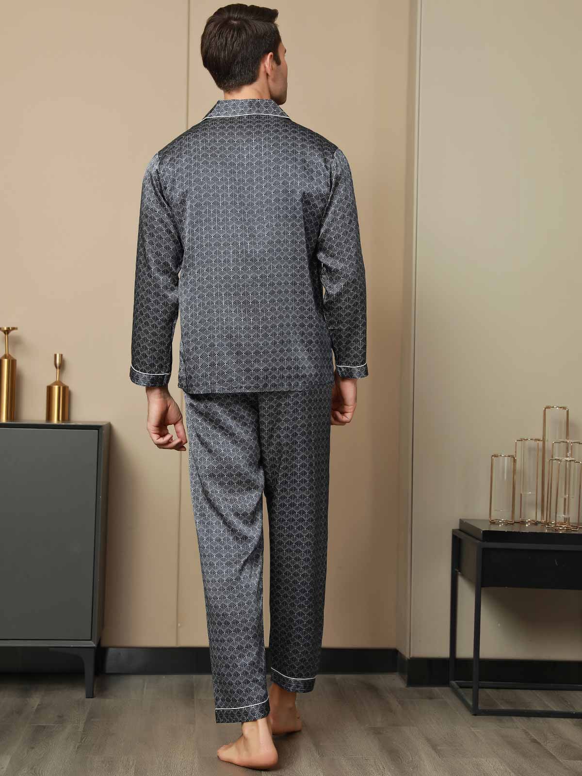 [Navy Ginkgo] SilkSilky  19Momme Pure Silk Mens Pajamas 002