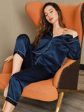 SilkSilky  Pure Silk Long Sleeve Lapel Women's Pajamas DarkBlue 001