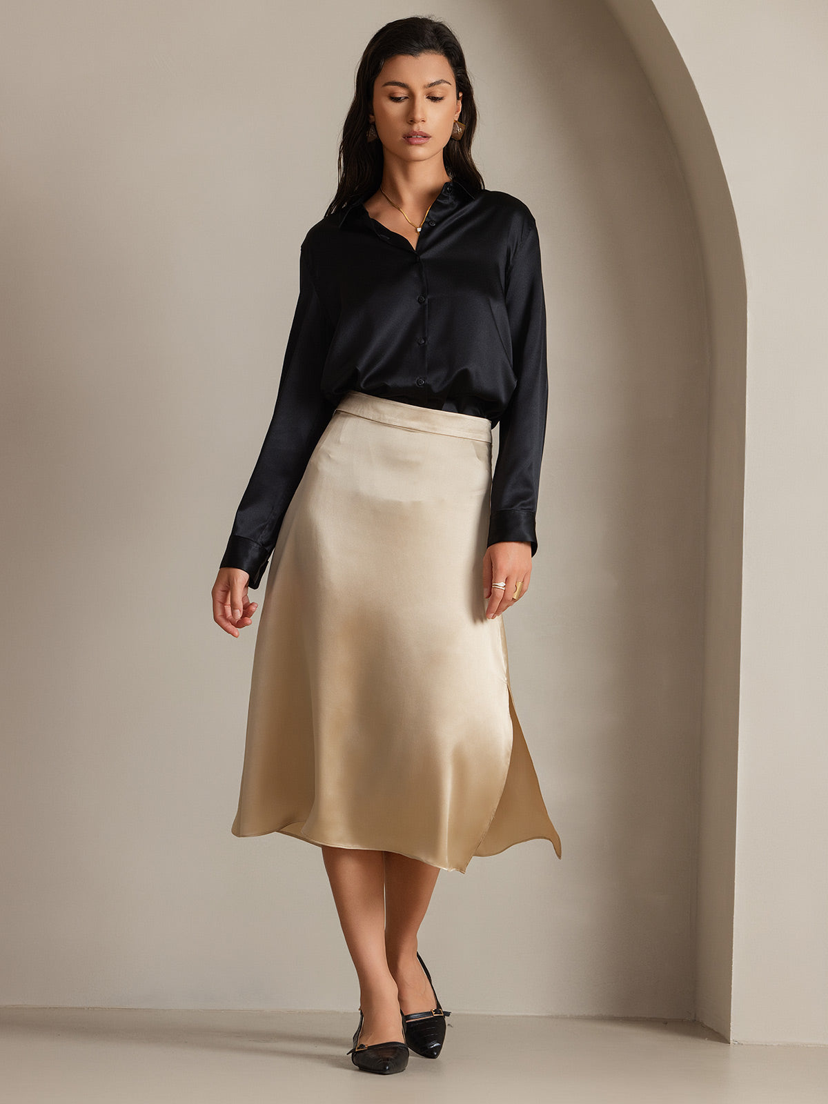 [Black] SilkSilky  Silk Long Sleeve Lapel Collar Women's Shirt 003