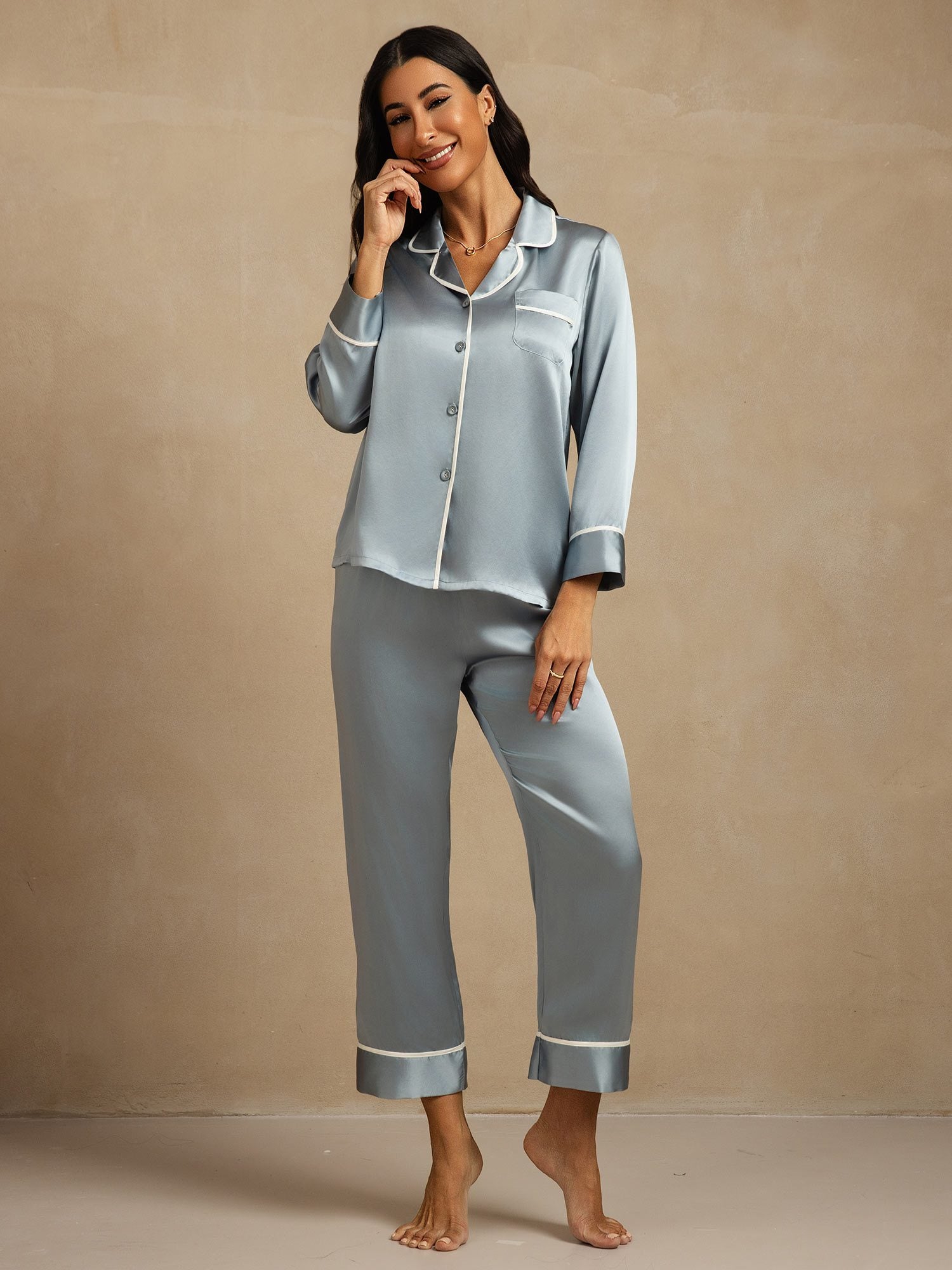 [GrayishBlue] SilkSilky Pure Silk Lapel Collar Women's Pajamas 006