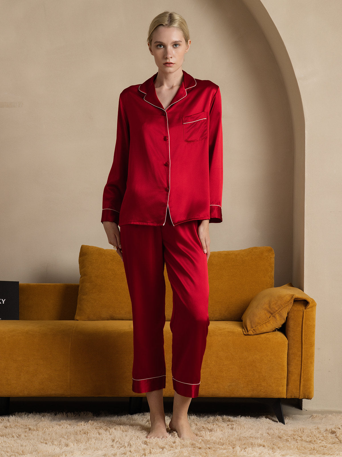 [Dark Red] SilkSilky  22Momme Pure Silk Womens Pajamas 003
