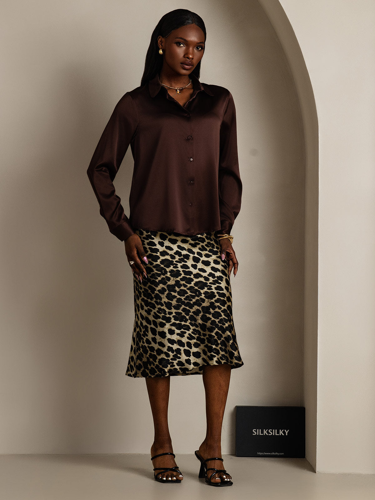 [Brown] SilkSilky  Silk Lapel Collar Women's Shirt 007